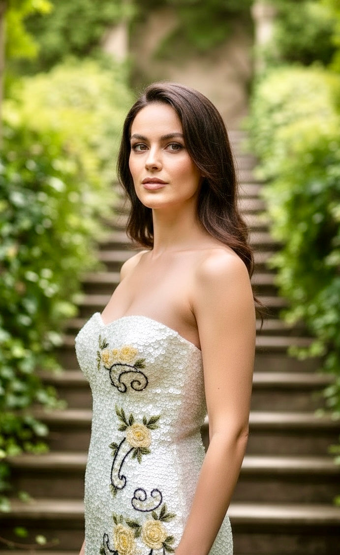 Sherri Hill White Sequin Garden Dress